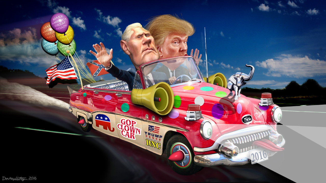 Trump-Pence Clown Car 2016. Credit: DonkeyHotey, https://www.flickr.com/photos/donkeyhotey/27710741704/